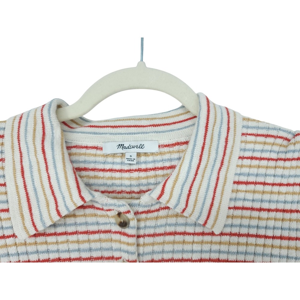 Coastal Retro70s ButtonUP Polo Top Women S MultiColor Stripe ShortSleeve Ribbed - Picture 3 of 6
